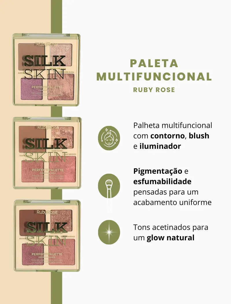 Paleta de Contorno, Blush e Iluminador Perfect Palette Silk Skin (Cor Luminous Face) – Ruby Rose